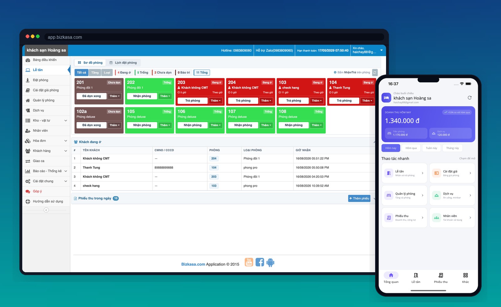 Sơ đồ lễ tân Bizkasa trên trình duyệt, cạnh app điện thoại của chủ nhà nghỉ